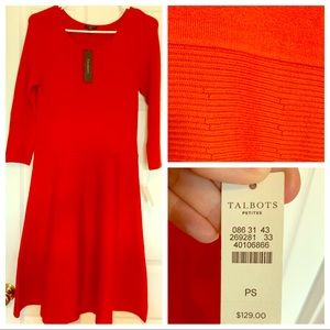 sweater dress, red/orange, not a true red